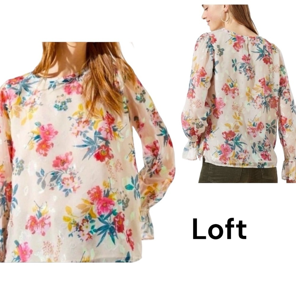 LOFT Floral Sheer Blouse Size Small Metallic Detail Romantic Boho Top Small